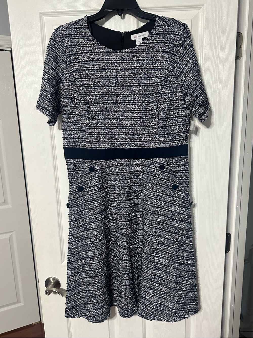 NWT Liz Claiborne Boucle Navy and White Tweed Short-Sleeve Fit & Flare Dress